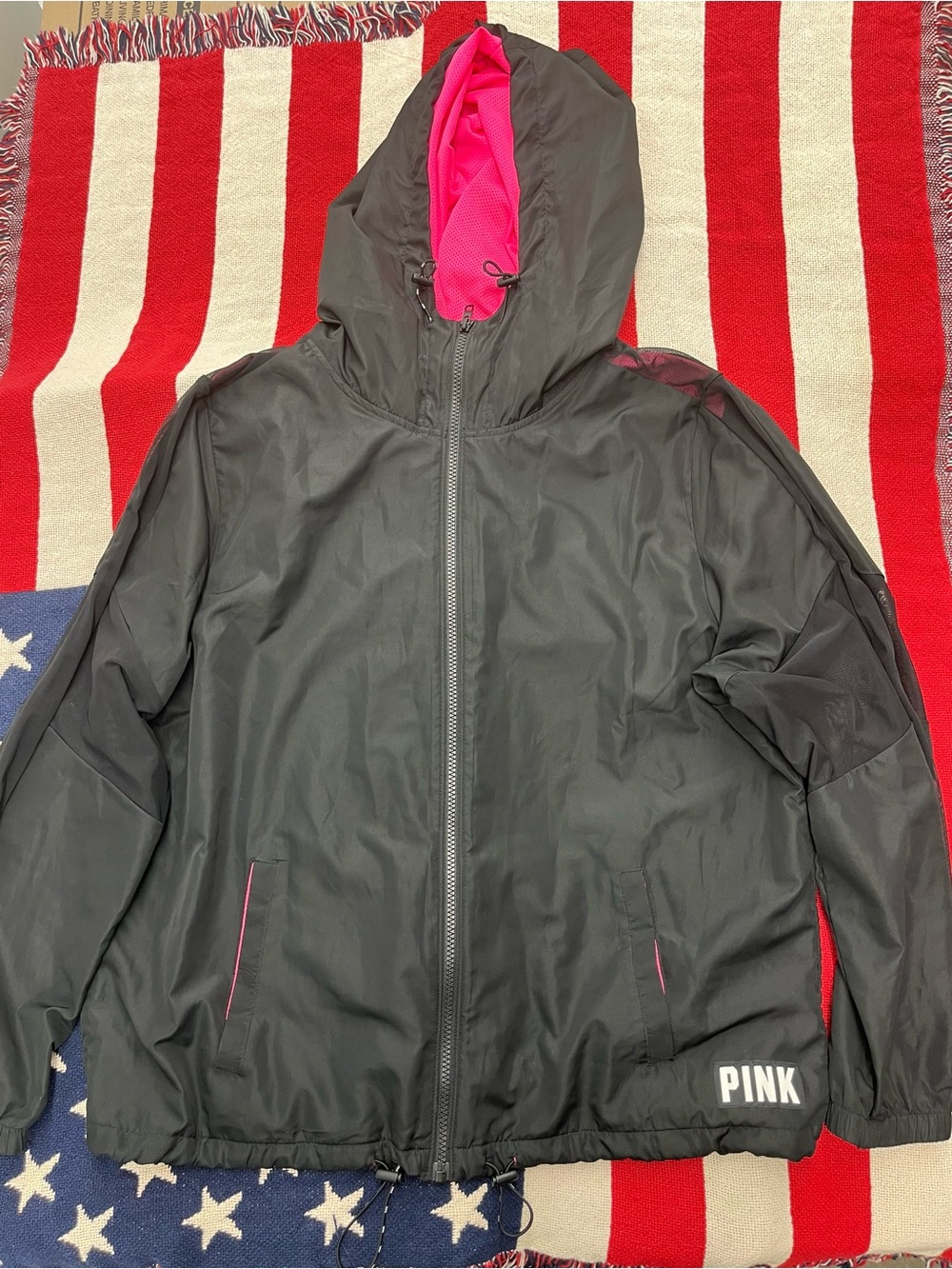 PINK Victoria's Secret Womens Black Hooded Windbreaker with Pink Lining Size M/L